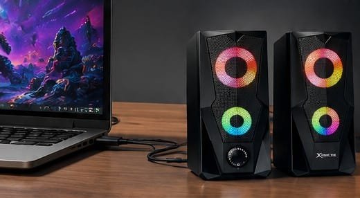 سماعات SK-501 موصولة بلابتوب على مكتب